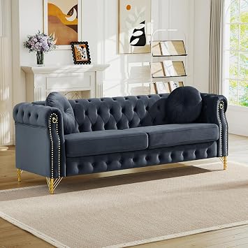 Antetek 82-inch 3-Seater Chesterfield Sofa, Oversized Mid Century Modern Sofa Couch with Button Tufting & Rolled Arms, Comfy Upholstered Velvet Deep Seat Couch for Living Room Office, Black