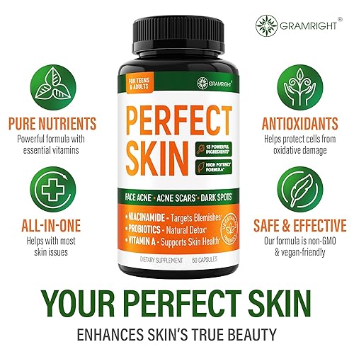 Miniatura 6 de Perfect Skin Acne Pills - Clear Skin Supplement with Niacinamide, Probiotic, Zinc & Vitamin A - Anti Acne Vitamins for Teens, Men & Women - Support