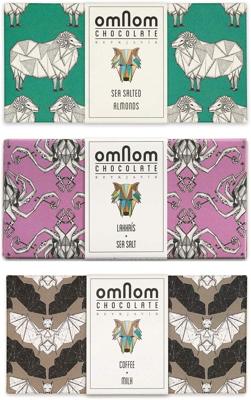 OmNom Chocolate Bars Inclusion Trio | Sea Salted Almond, Lakkkris + Sea Salt, Coffee + Milk | Icelandic Bean To Bar Chocolate by OMNOM CHOCOLATE REYKJAVIK | 3 x 60g Bar