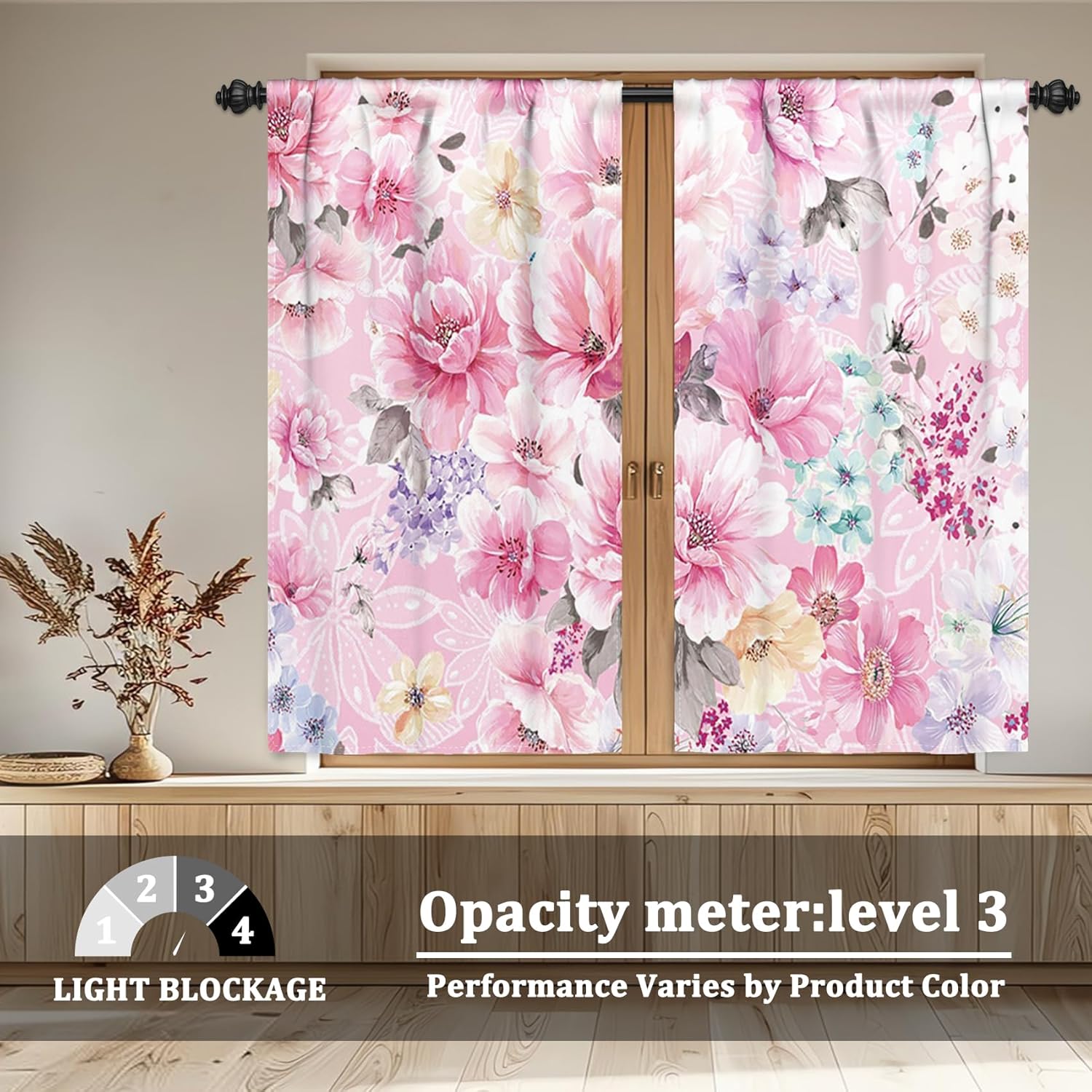Renaiss 26 x 63 Inch Pink Floral Bedroom Curtains Peony Spring Flower Light Filter Window Treatment Curtain for Living Room Dining Room Farmhouse Girls Room Decortive Curtains with Rod Pocket 2 Panels