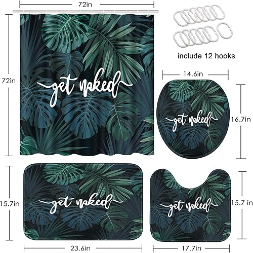 Miniatura 2 de Arttown Juego de baño verde con cortina de ducha y alfombras y accesorios, Palm Tree Beach Tropical Get Naked, decoración de baño verde, 4 piezas
