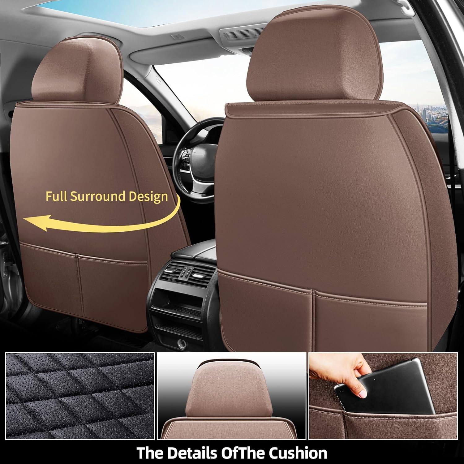 Car Seat Covers 2-Piece Front Pair Durable Leather, Anti-Slip Waterproof Car Accessories Custom Fit for Most Cars, SUV & Sedan（Black-Brown）