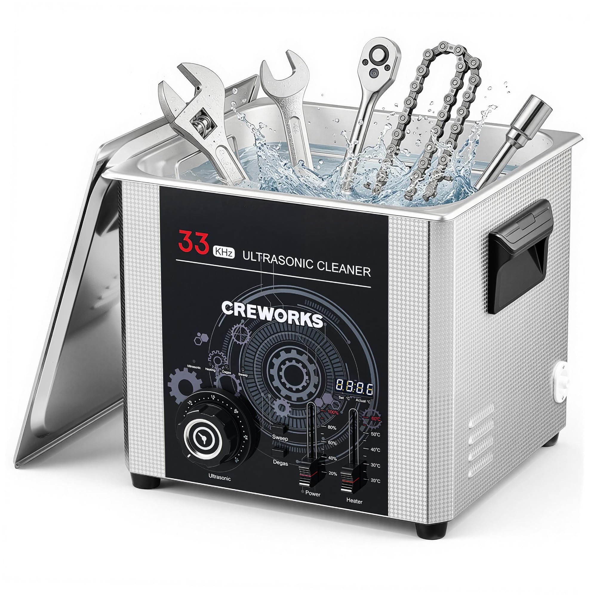 CREWORKS 15L Ultraschallreinigungsgerät Industriell, 33kHz 360W Ultraschallreiniger mit Sweep-Funktion, einstellbarer Timer und Temperatur, Teilereinigungsgerät mit Edelstahlkorb, 450W Heizleistung