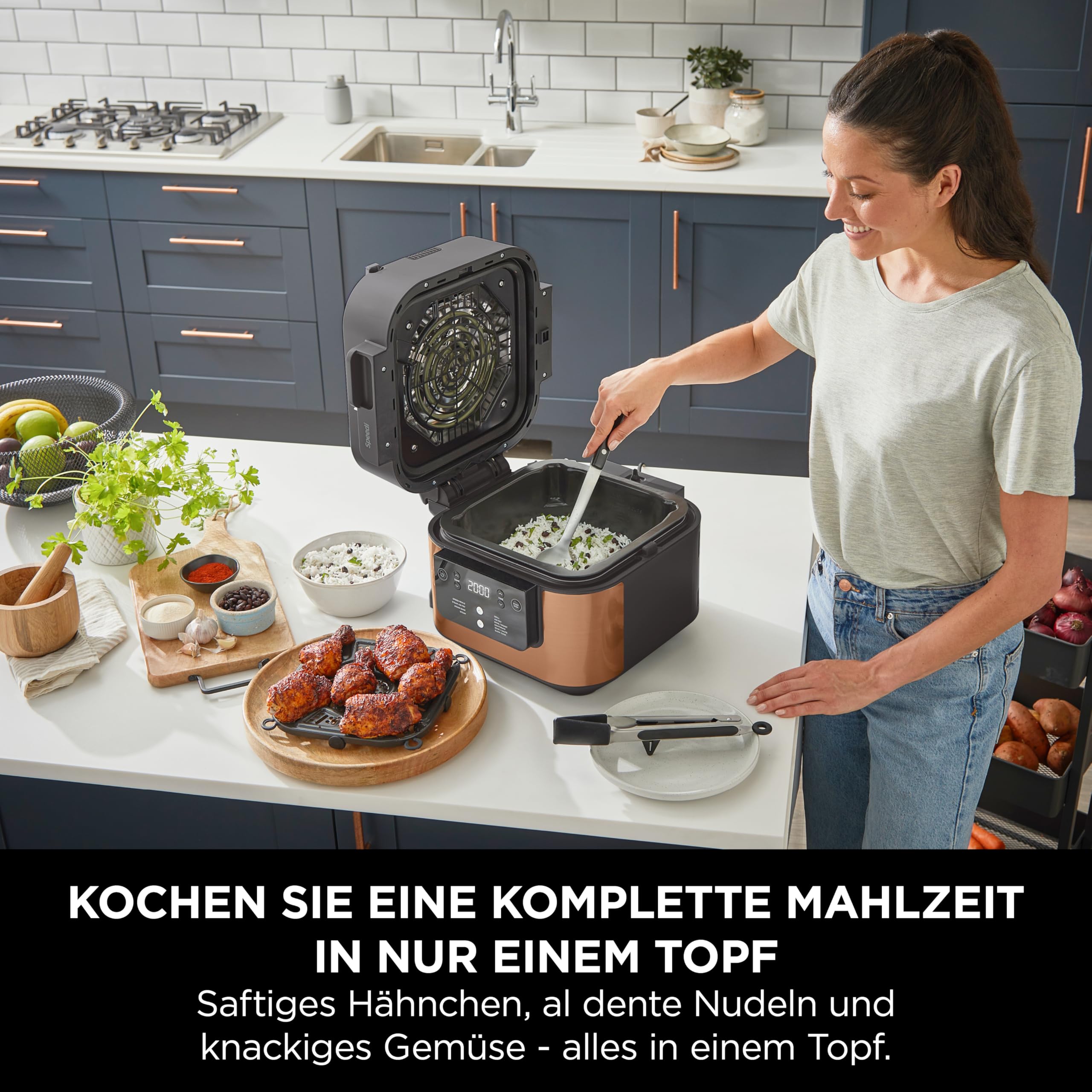 Ninja Speedi Multikocher, 5,7L, 10-in-1 Multicooker, Airfryer Heißluftfritteuse, Slow Cooker Langsamkochen, Grillen, Backen, Schwarz & Kupfer ON400EUCP
