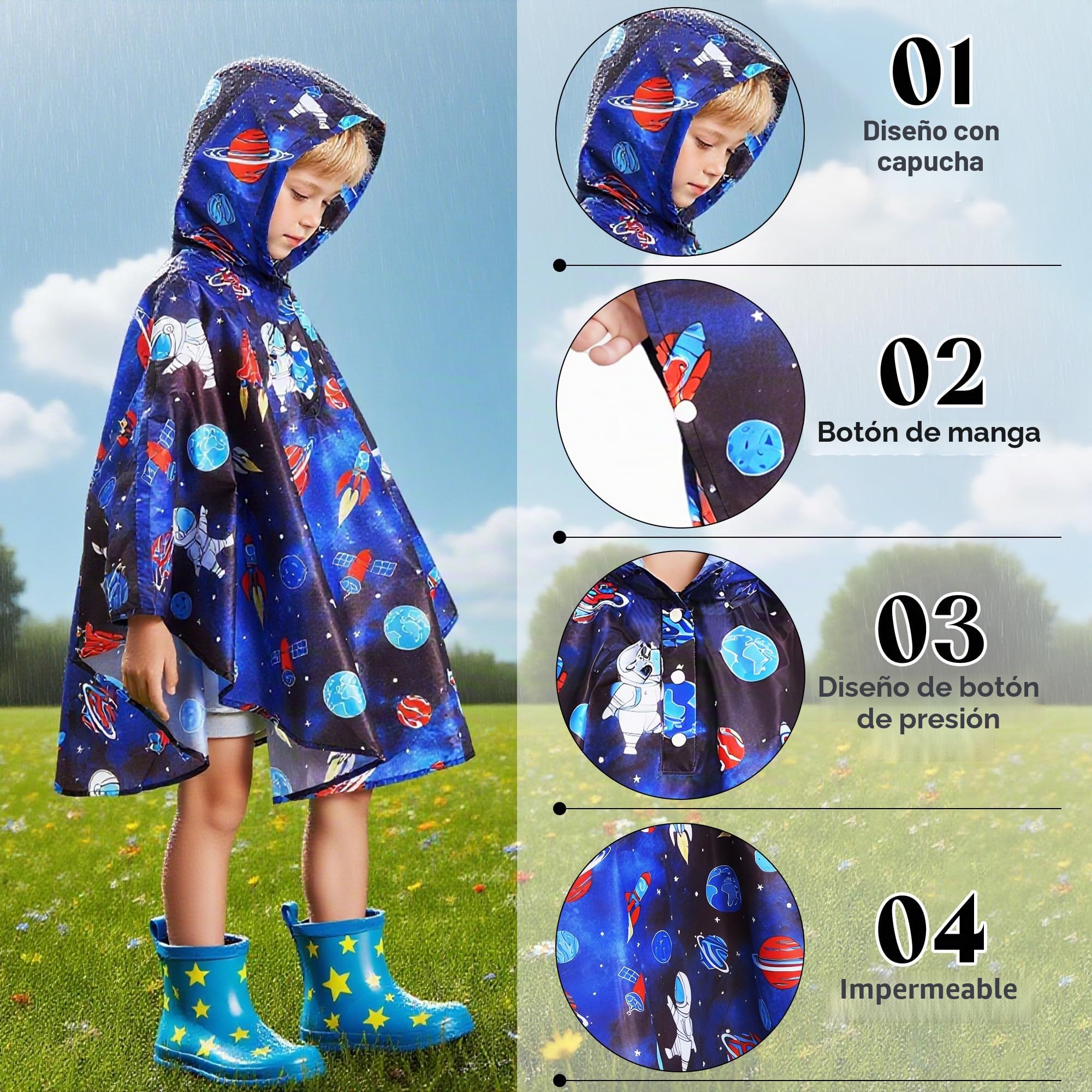 Poncho Impermeable Niño Niñas Ligero y Resistente Unisex Chubasqueros Capa Chaquetas de Lluvia Abrigos con Capucha Infantiles Exteriores Impermeables Ropa para 3-14 años