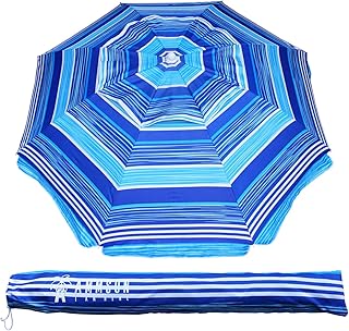 AMMSUN 6.5 ft Heavy Duty Beach Umbrella for Sand with tilt Air Vent Sun Shelter, UV 50+ Protection Outdoor Sunshade Umbrellas and Parasols with Carry Bag for Patio Garden Beach Pool stripe Blue