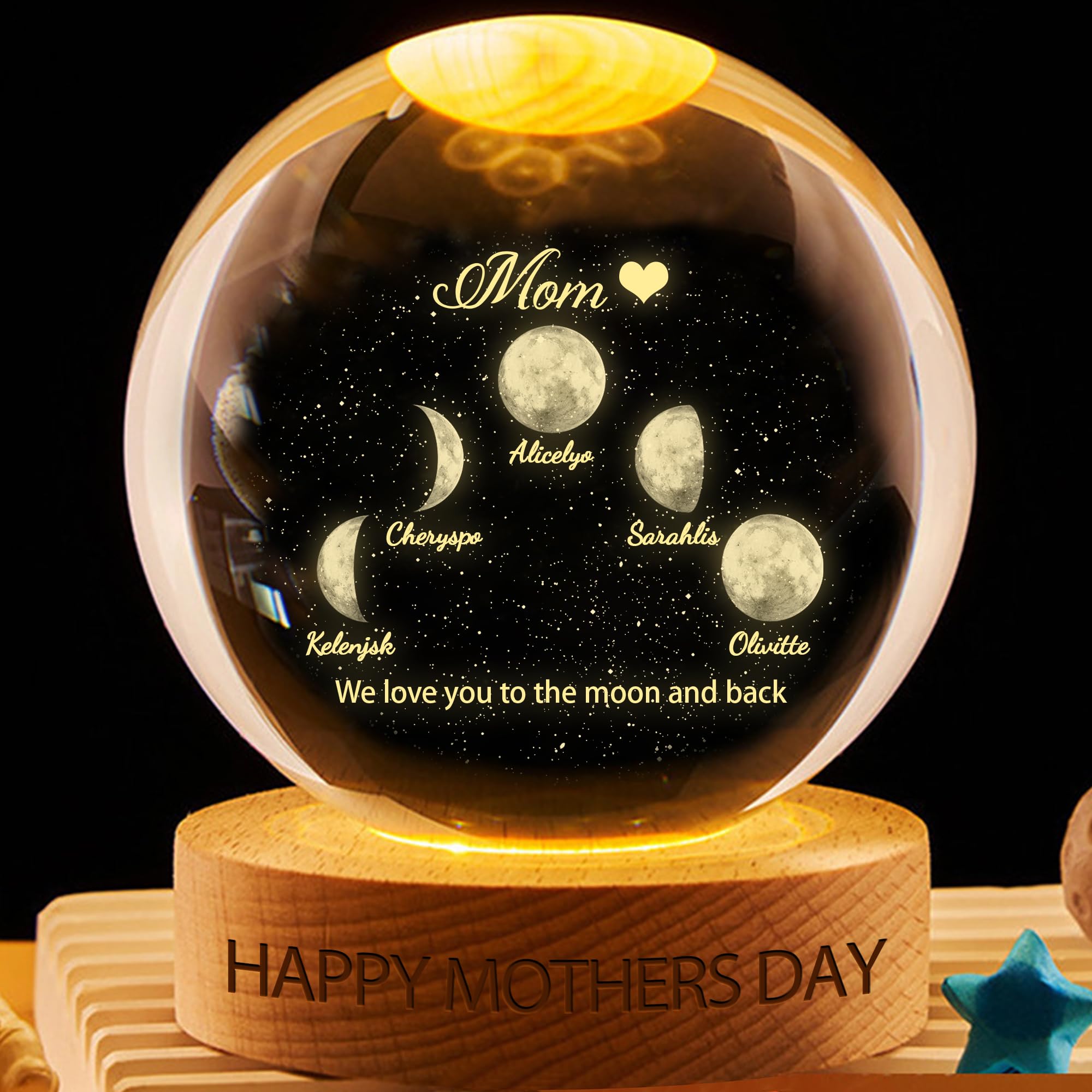 VWCSDSCS Custom Moon Phase Crystal Ball LED Night Light Personalized with Kids Names, Our Moon Special Day, Multicolor Changing for Bedroom Decor Lamp Gift for Mom Grandma Her Wife Papa Dad