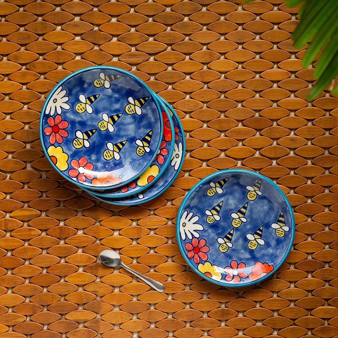 ExclusiveLane 'The Bee Collective' Handpainted Small Ceramic Microwave Safe Plates Quarter Side Snacks Serving Plates (Blue, Set of 4 )