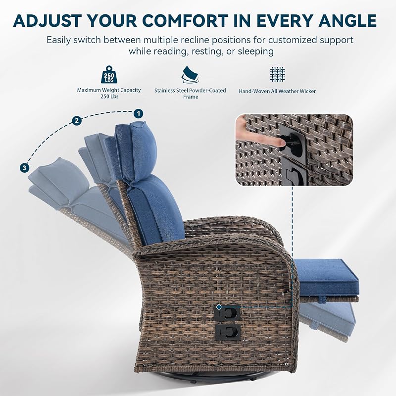 Jelwaly Zero Gravity Patio Swivel Recliner Chair - Wicker Outdoor Lounge Chair with Adjustable Backrest & Footrest, All Weather Reclining Chairs with Thick Cushion for Pool Deck Blue image 6