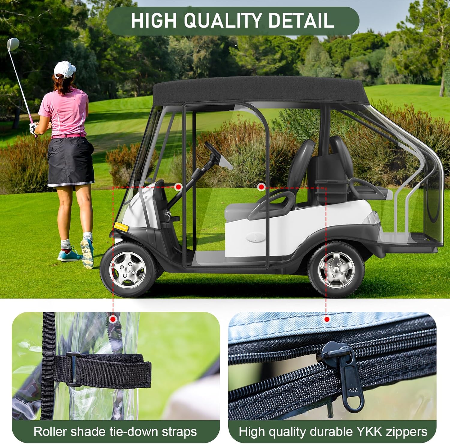 Condition photo showing New/Like New for golf cart enclosure - 2+2 drivable rain cover for ezgo, club car - durable door zipper, 4-sided clear windows (4 seater) black l(58'' short roof)