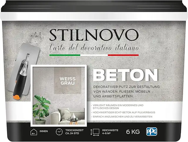 Stilnovo Beton Weissgrau 6 KG für 4-6 m² | Hochwertiger Echt-Beton Putz für Betonoptik Wand