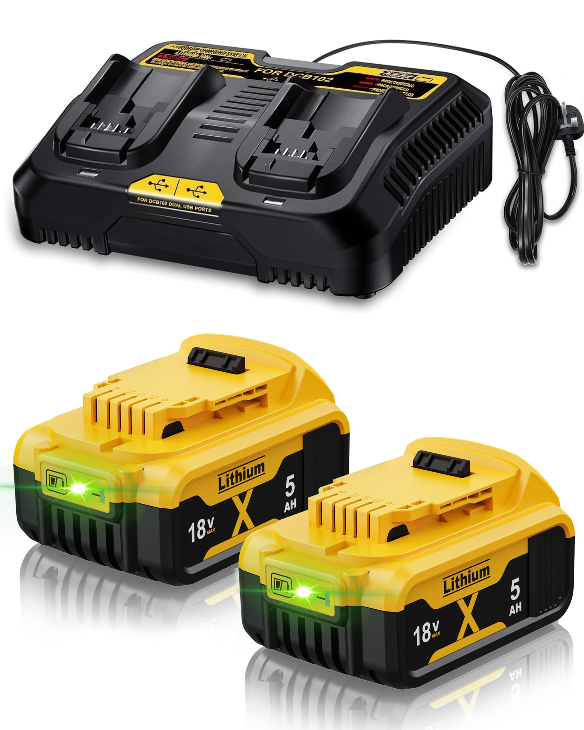 2X 18V 5.0Ah/5000mAh DCB182 Replacement for Dewalt Battery+ 6A Charger Compatible with Dewalt Battery 18V XR DCB182 DCB184 DCB200 DCB184 DCB101 DCB105 DCB107 DCB112 DCB115 DCB203