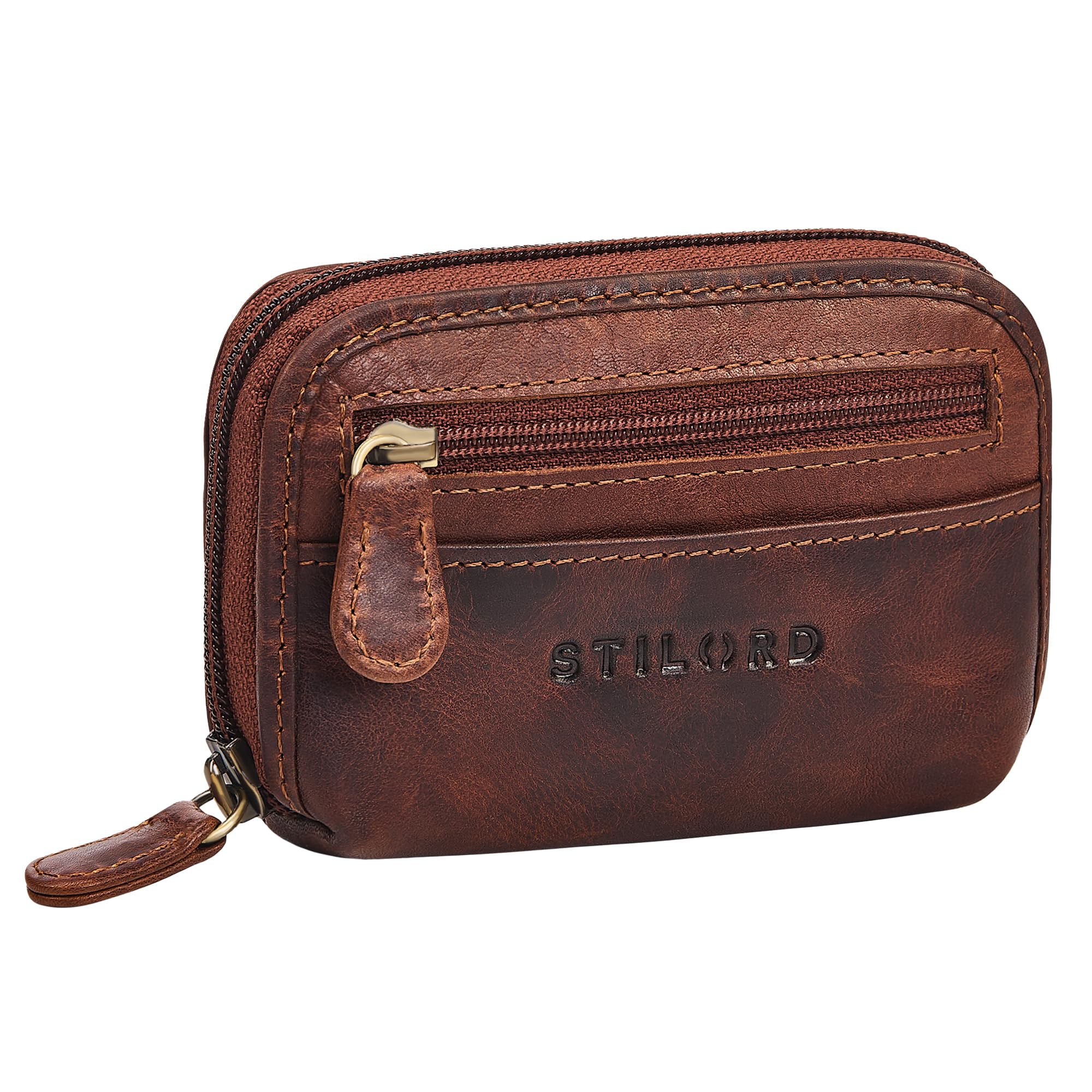 STILORD Eason Monedero de Llaves de Cuero para Hombre con Múltiples Compartimentos - Organizador de Llaves y Monedas para Mujer - Llavero de Piel Auténtica con Bolsillo Color:Kara - Cognac