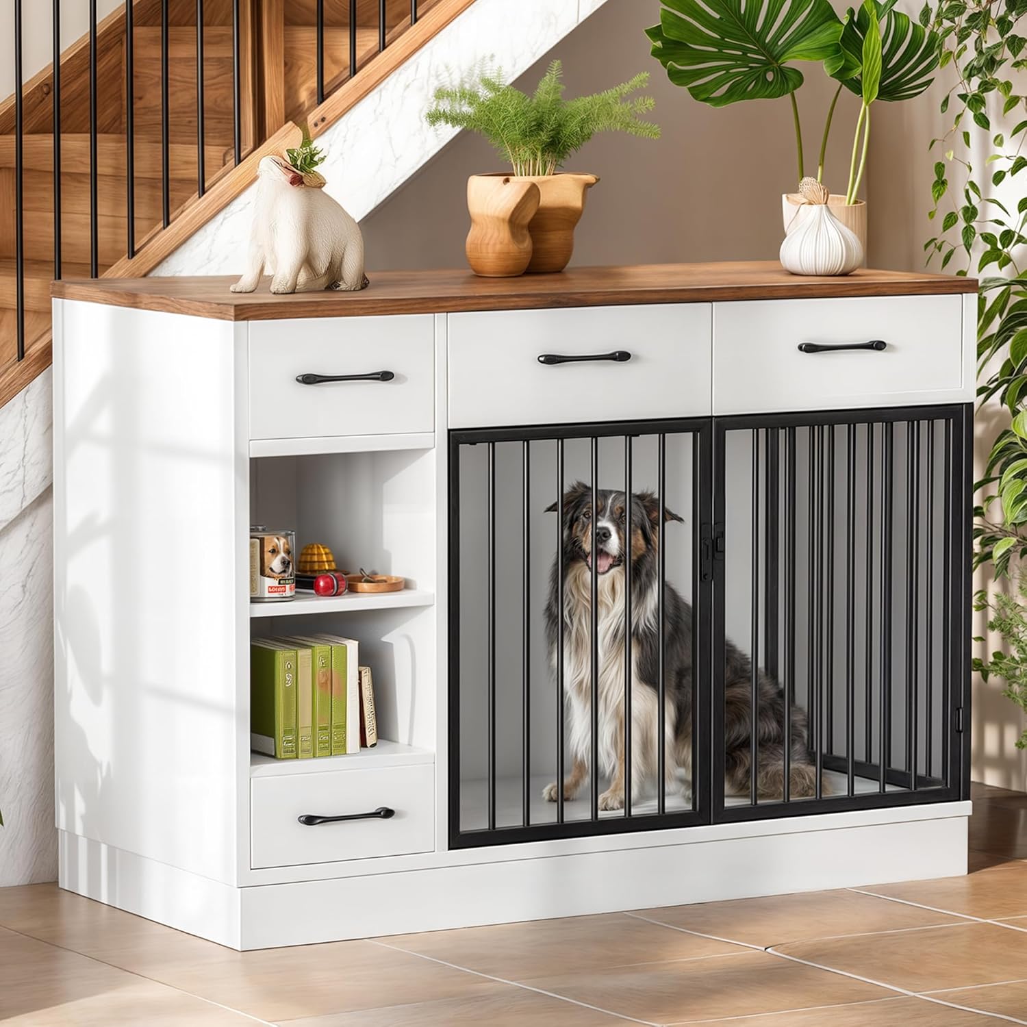 47.2" Large Dog Crate Furniture with 3 Storage Drawers & Hidden Bowl - Wooden Indoor Dog Kennel with Adjustable Shelf, 2 Doors for Small/Medium Dogs, Multi-Functional Pet Cage Furniture