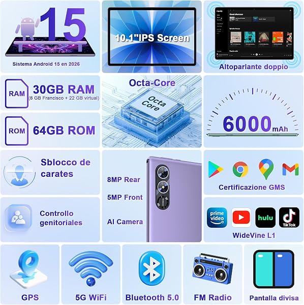 fezawio Android 15 Tablet 10 Pulgadas Gemini AI, Tablet PC Octa-Core, 30 GB RAM + 64 GB ROM (1TB TF), 3.5mm Audio/GMS/WiFi 6 & BT 5.0 / 6000mAh / GPS/Widevine L1, Tableta con Teclado-Morado - 5