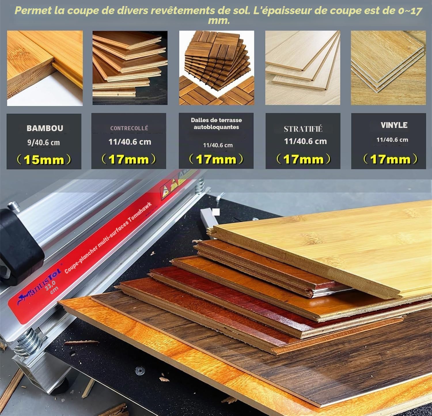 TC330 Presse Coupante pour Sols Stratifiés et Vinyle; parfait pour les sols en bambou, parquet; stratifié, HDF, MDF, planches de vinyle; jusqu'à 330mm de largeur et 17mm d'épaisseur.