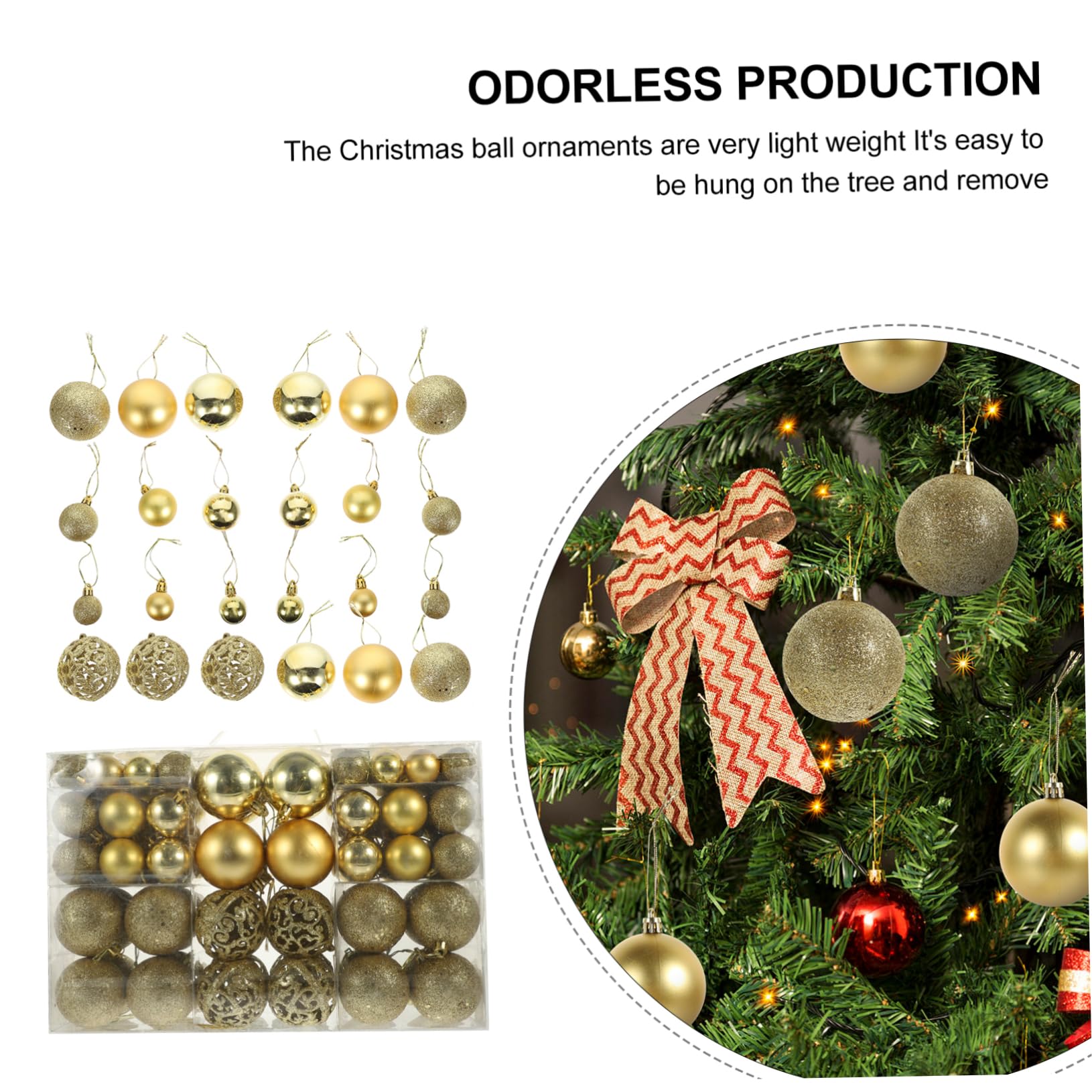 Bolas Navideñas Doradas de Plástico 3-6 Cm con Cuerda para Colgar, Caja 100 Piezas para Adornos Creativos de Árbol y Hogar en Navidad