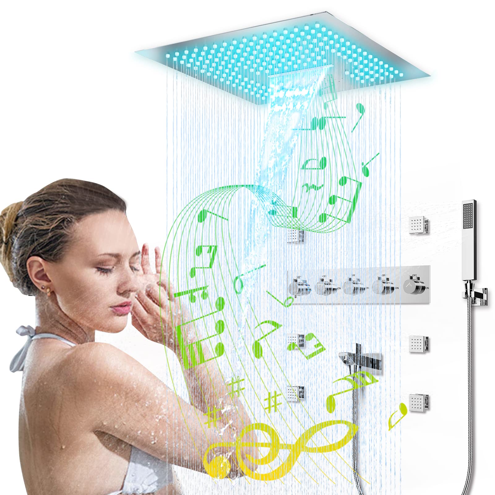 Rain Shower Jets System In Wall with 6 Body Jets, Smart Thermostatic Shower System, 16 Inch Luxury Ceiling Mount Rainfall Waterfall Shower System with Tub Spout, LED Light Music, Chrome