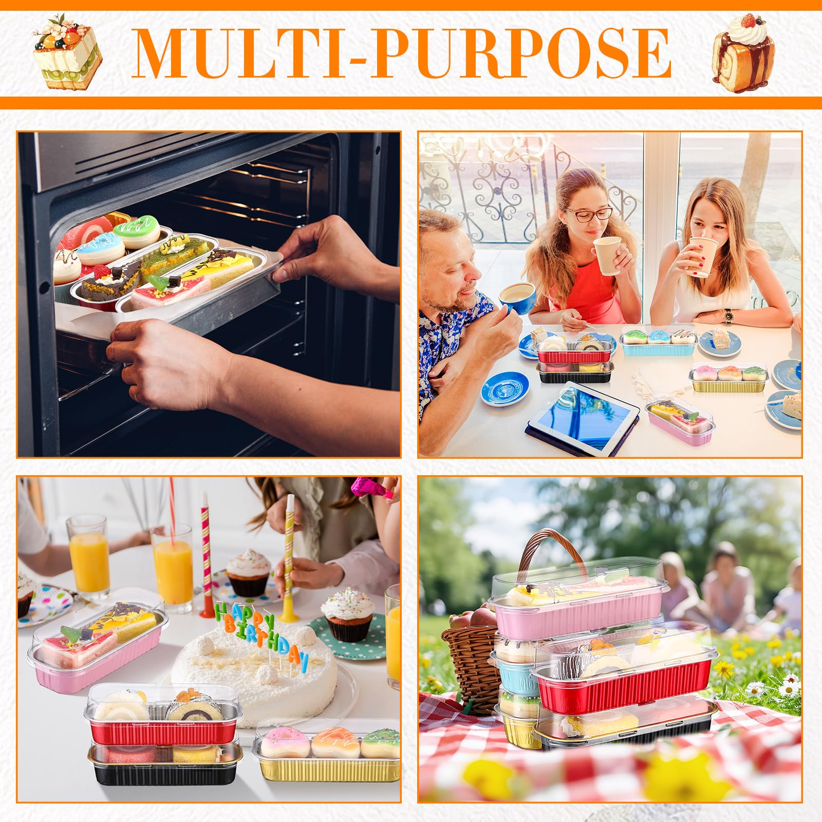 Qunclay 300 mini moldes de papel de aluminio con tapas desechables de 6.75 onzas con tapa, moldes rectangulares para hornear para fiesta de graduación, cupcakes, pan, magdalenas, pastel de queso