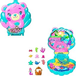 Polly Pocket JCB16 Glitter Island Travel Toy Set with 1 Mermaid Mini Figurine, Aquatic Animals and Themed Accessories