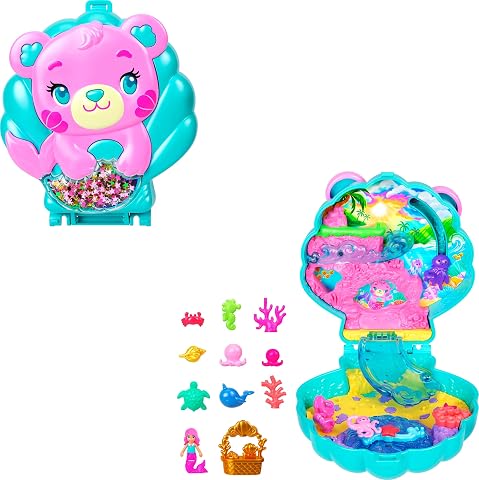 Polly Pocket bebekler ve oyun seti, Işıltılı Ada taşınabilir mini oyun seti, 1 mikro deniz kızı bebek, okyanus canlıları ve temaya uygun aksesuarlar, JCB16