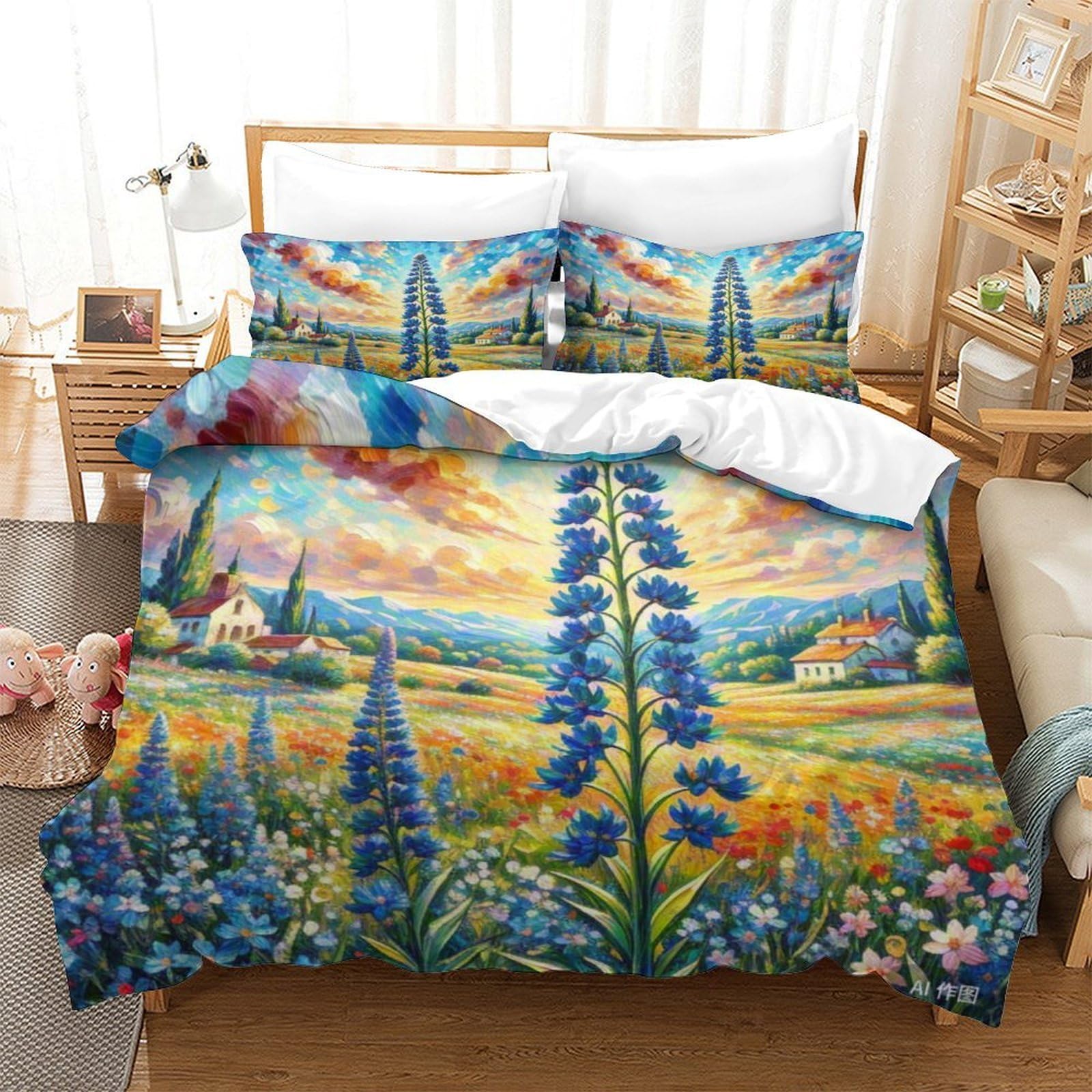 Housse de couette flocon bleu 3D anti-plis en microfibre douce avec zip caché
