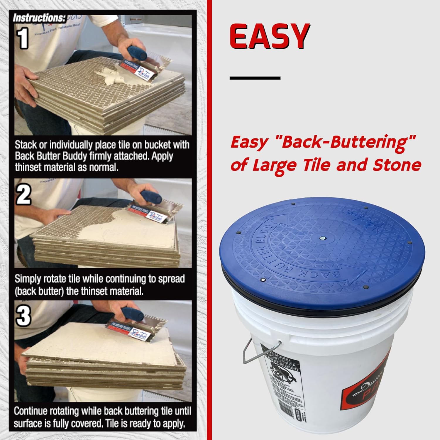 Back Butter Buddy Tile Tool, Easily Stack, Spin and Back-Butter Large Tiles | Fits 3.5 and 5 Gallon Buckets