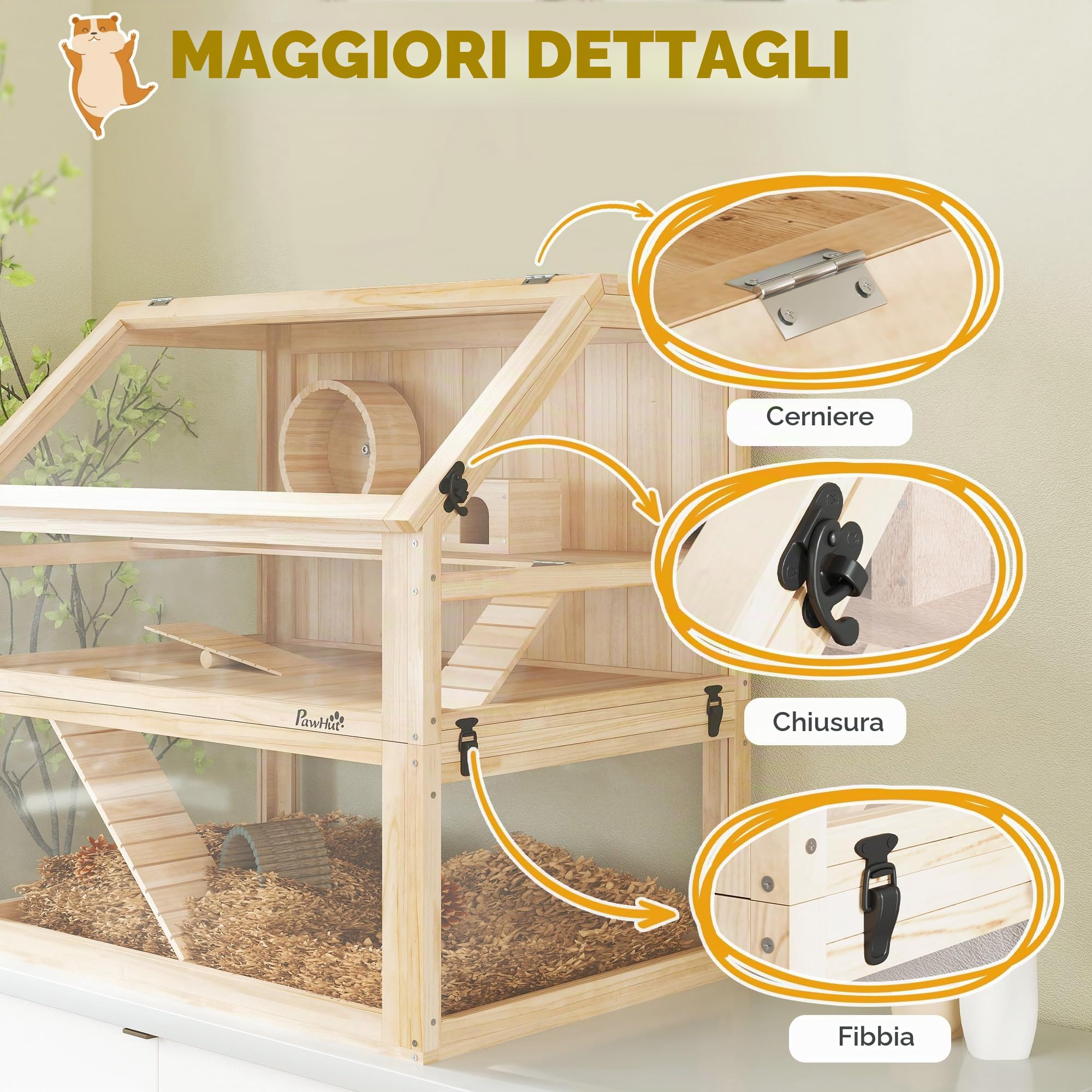 PawHut Gabbia in legno per criceti 3 piani finitura legno naturale