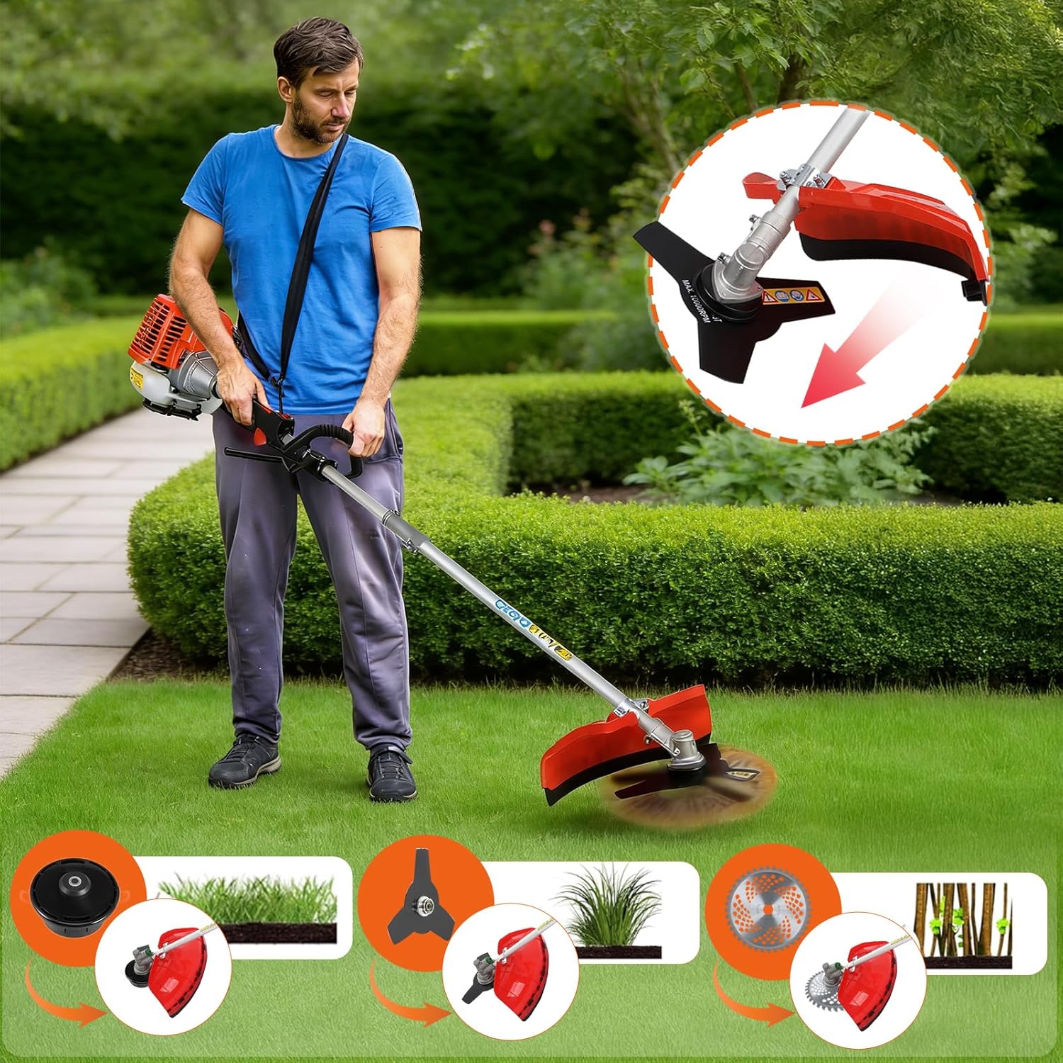 52cc 2-Stroke Weed Eater Gas Powered, 5 in 1 Multi Functional Gas Powered Lawn Mower, Petrol Hedge Trimmer Chainsaw Brush Cutter, Handheld Lawn Mower for Yard, Garden, Strong Powerful