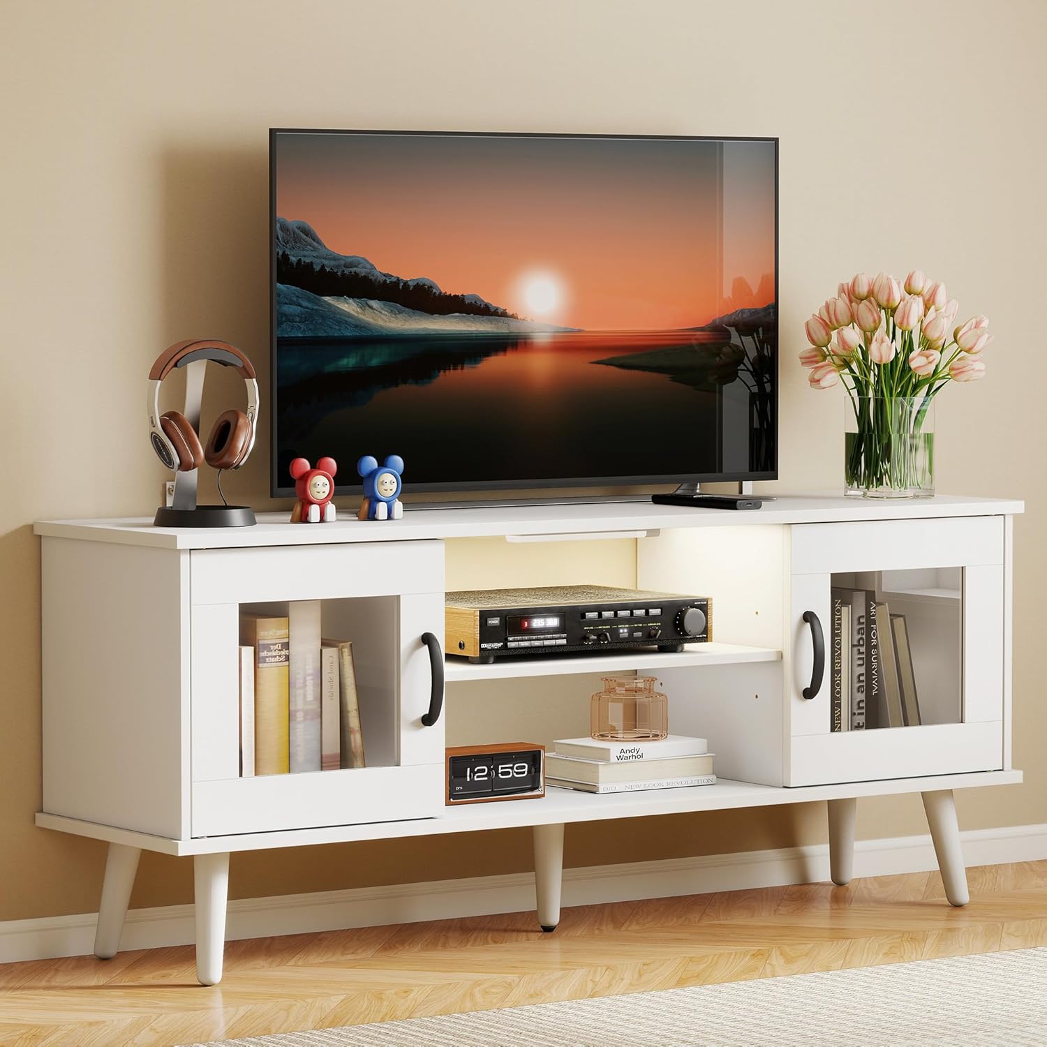 Wood TV Stand for 55 Inch TV, Mid Century Modern Entertainment Center with Adjustable Shelf, Sensor LED Light, 2 Cabinets, TV Media Console for Living Room Bedroom White
