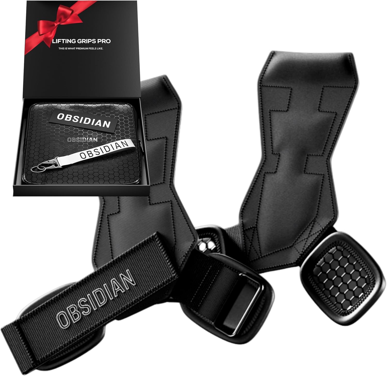 Obsidian Lifting Grips Pro - Wrist Wraps for Weightlifting, Bodybuilding, Strength Training - Premium Rubber Leather Gym Straps with Neoprene & Nylon Webbing - Includes Carry Bag, Sticker, Keychain