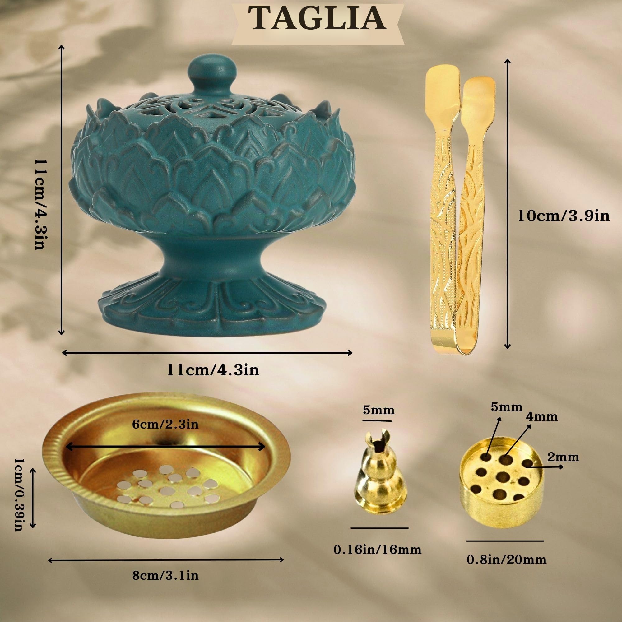 Bruciatore di incenso in ceramica per incenso di franchincenso, bakhoor, carbone, bastoncini, polvere, cono, bobina e incenso a torre - Accessori per meditazione e aromaterapia con pinzette
