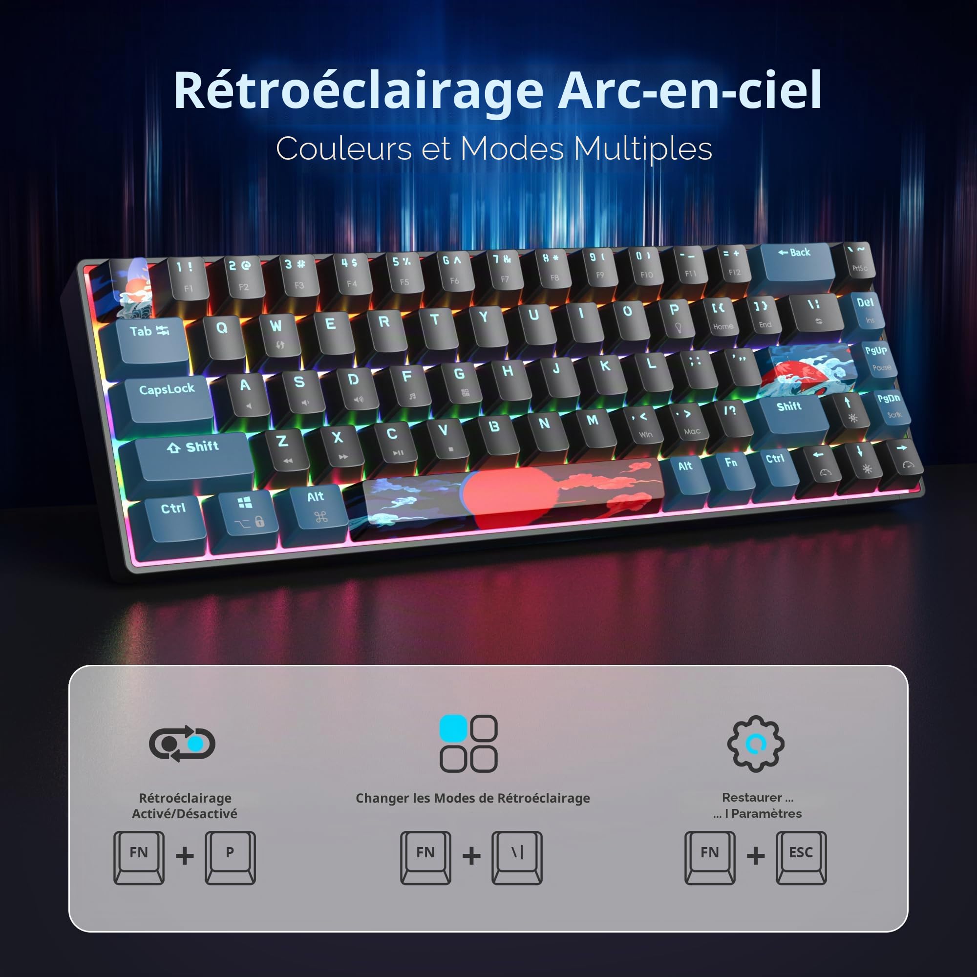 Clavier Gamer Mecanique - Mini Clavier 60 Pourcent American QWERTY Filaire, 68 Keys Compact Clavier Gaming LED Rétroéclairage Switchs Rouge, USB Mechanical Keyboard Anti-ghosting