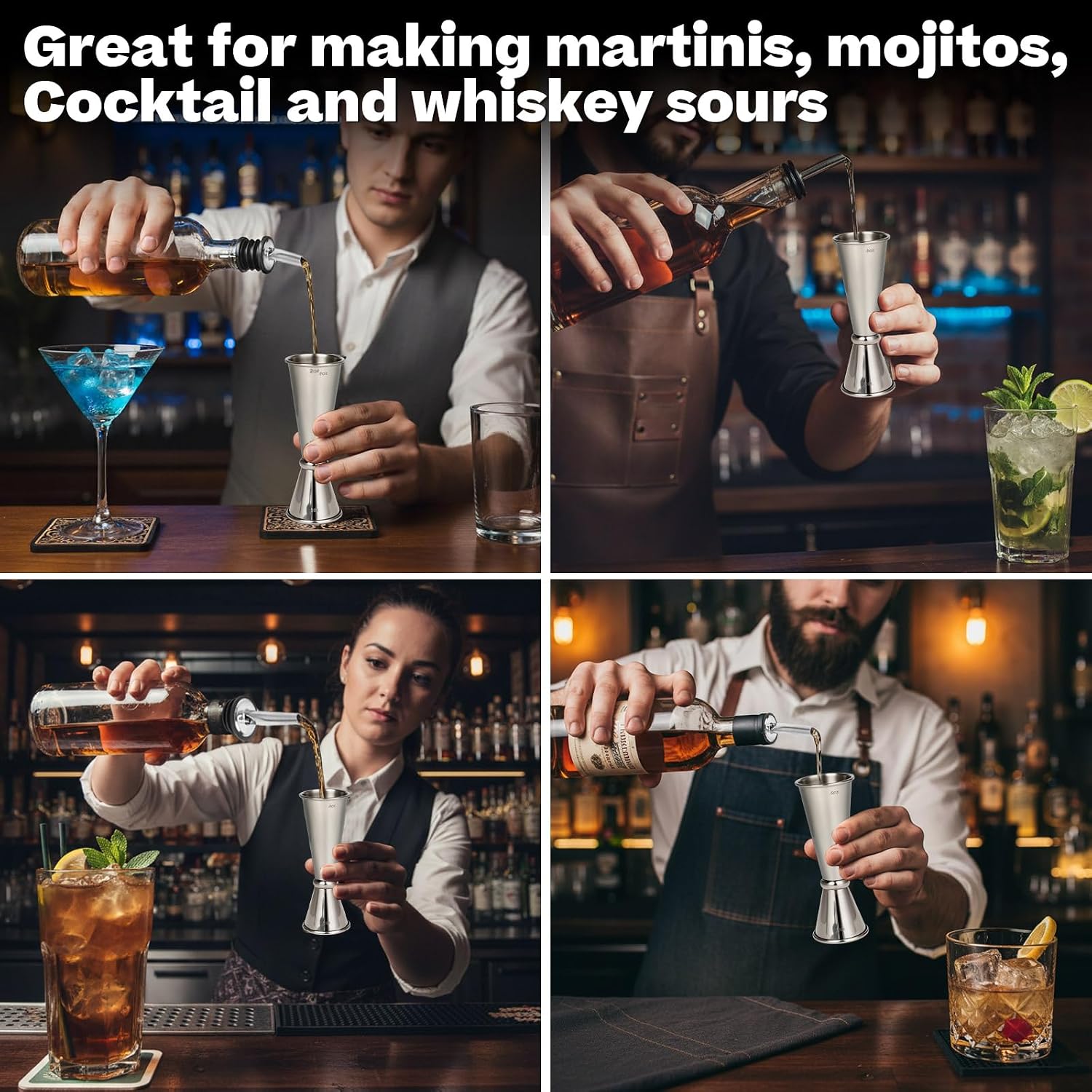 Stainless Steel Jigger for Bartending with 2 Pourers, Double Cocktail Jigger 2oz 1oz, Bar Jigger with 5 Inside Measurements, Shot Measure Cup, Bartender Accessories (1 Jigger + 2 Pour Spouts)