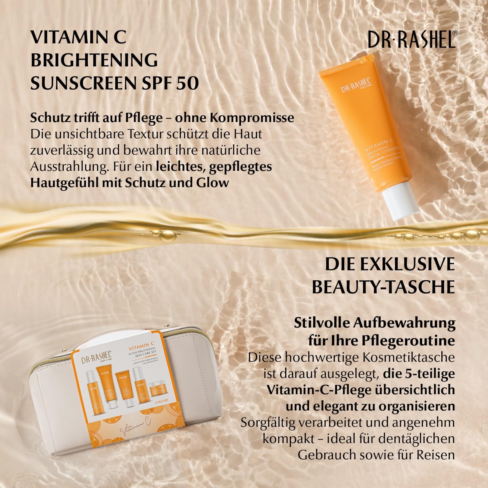 Vitamin C Gesichtspflege Set 5-teilig - Anti-Falten Hautpflege mit Serum, Tagescreme, Nachtcreme, Reinigungsgel, Toner + SPF 50 Sonnenschutz - Anti-Aging, Hautpflege, Skincare Set, Geschenkset Damen