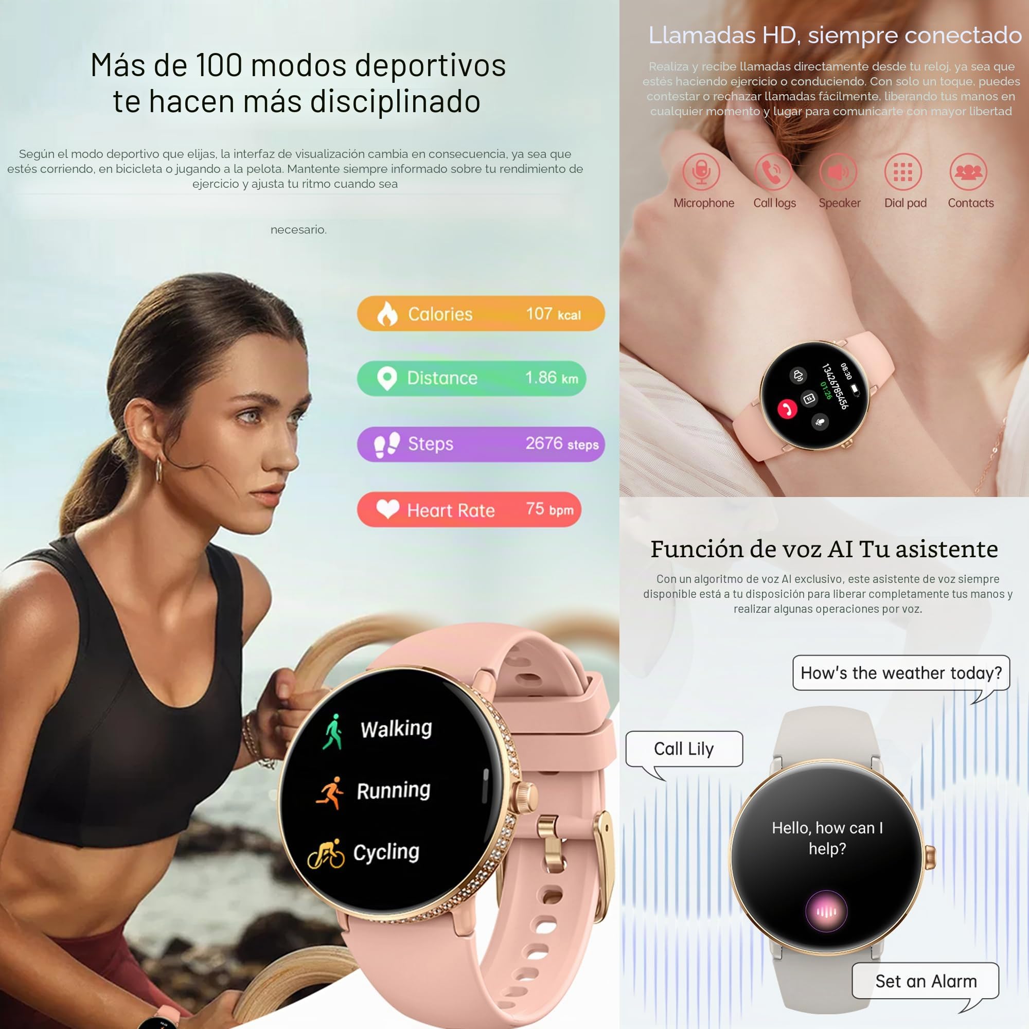 ZPIMY 1,19" AMOLED Reloj Inteligente Mujer con Llamada y Whatsapp, 5ATM Impermeable Reloj Smartwatch 123 Deportivo Hombre con Monitor Sueño, Pulsómetro Android iOS (Plateado)