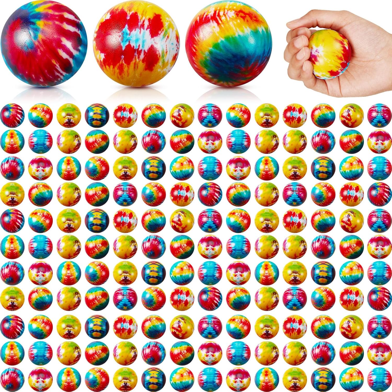 Wettarn 120 Pcs Tie Dye Party Stress Balls Bulk Hippie Colorful Foam Relief Ball Squeeze Anxiety Toy for Finger Exercise Stress Relief Rainbow Theme Birthday Carnival Reward Party Favor Gift (2 Inch)