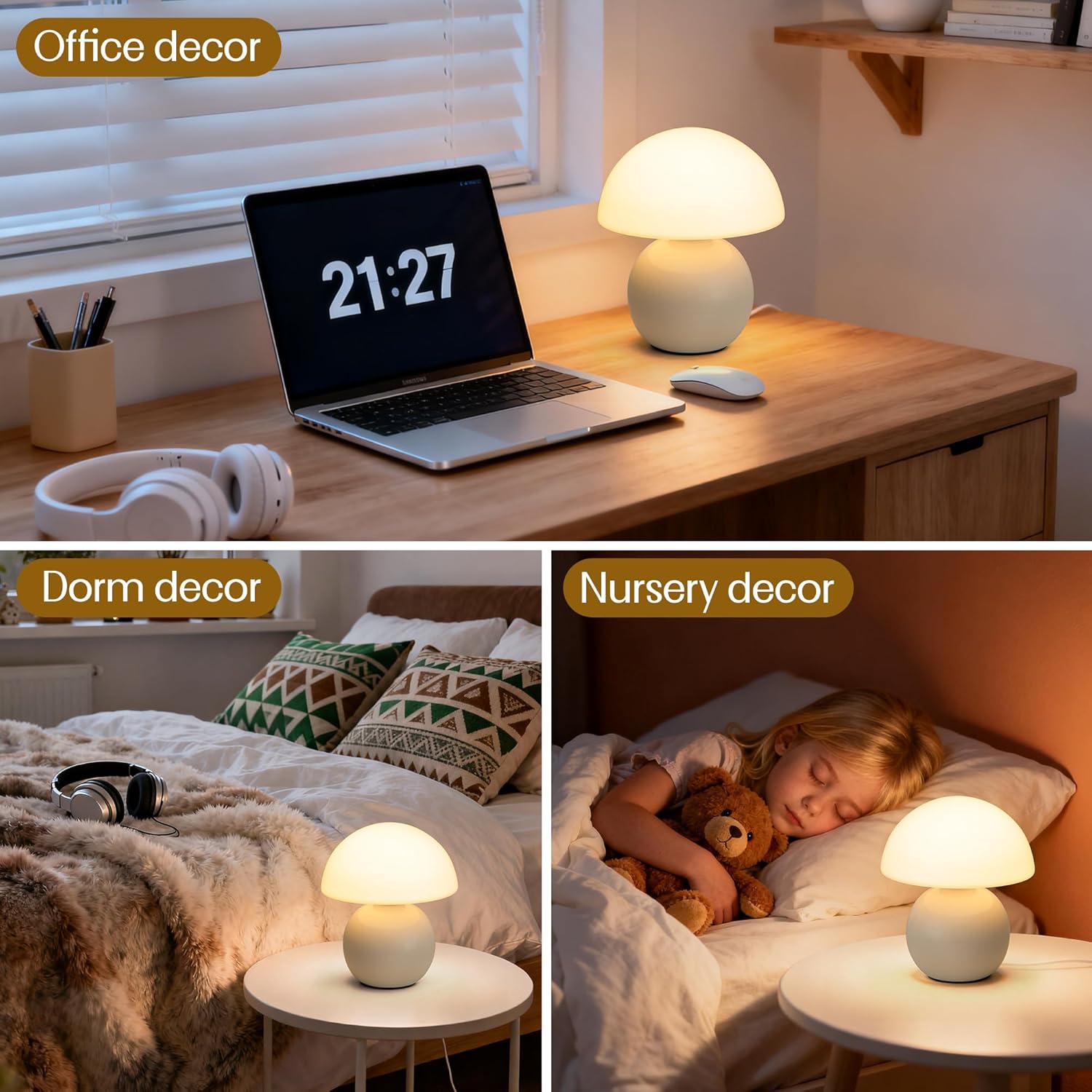 Small Mushroom Lamp,USB-Plug in Bedside Table Lamps with 3-Temperature LED Bulb Dimmable,Unique Cute Aesthetic Home Decor for Living Room/Bedroom/Entryway/Table Decor(Cream White)