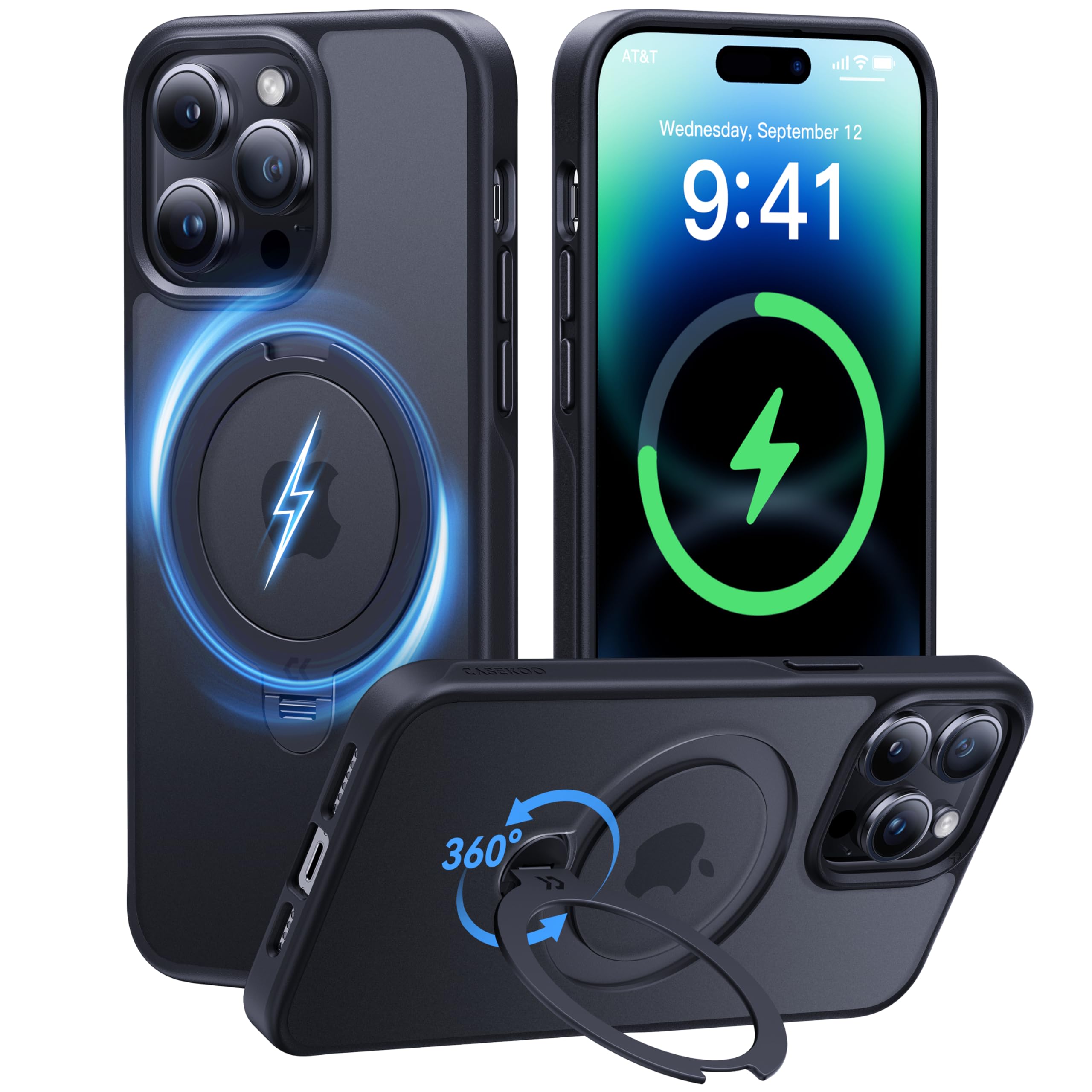 CASEKOO 2024 Upgraded 360° Rotatable Magnetic Ring Stand for iPhone 14 Pro Max Case [Military Drop Protection] [Compatible with MagSafe] Matte Translucent Slim iPhone 14 ProMax Case 6.7'', Black