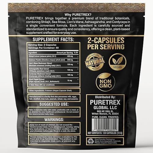 Miniatura 2 de Cápsulas Shilajit Seamoss con melena de león, Ashwagandha y Cordyceps - 120 cápsulas veganas para energía, concentración y bienestar