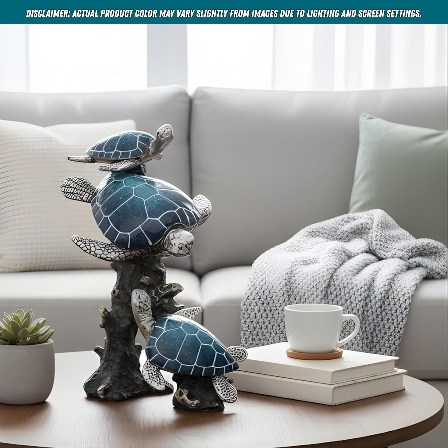Triple Sea Turtle Statue – Ocean Decor Figurine with Coral Reef Base | Coastal Tabletop Accent in Bronze, Silver & Pacific Blue | Beach House Nautical Room Decoration (9.5" x 7.25")