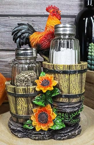 Miniatura 8 de Ebros Girasol Granja Gallo de pie en la valla por cubos de madera antiguos de cristal Salero y Pimentero Figura de soporte 6.5 pulgadas de alto
