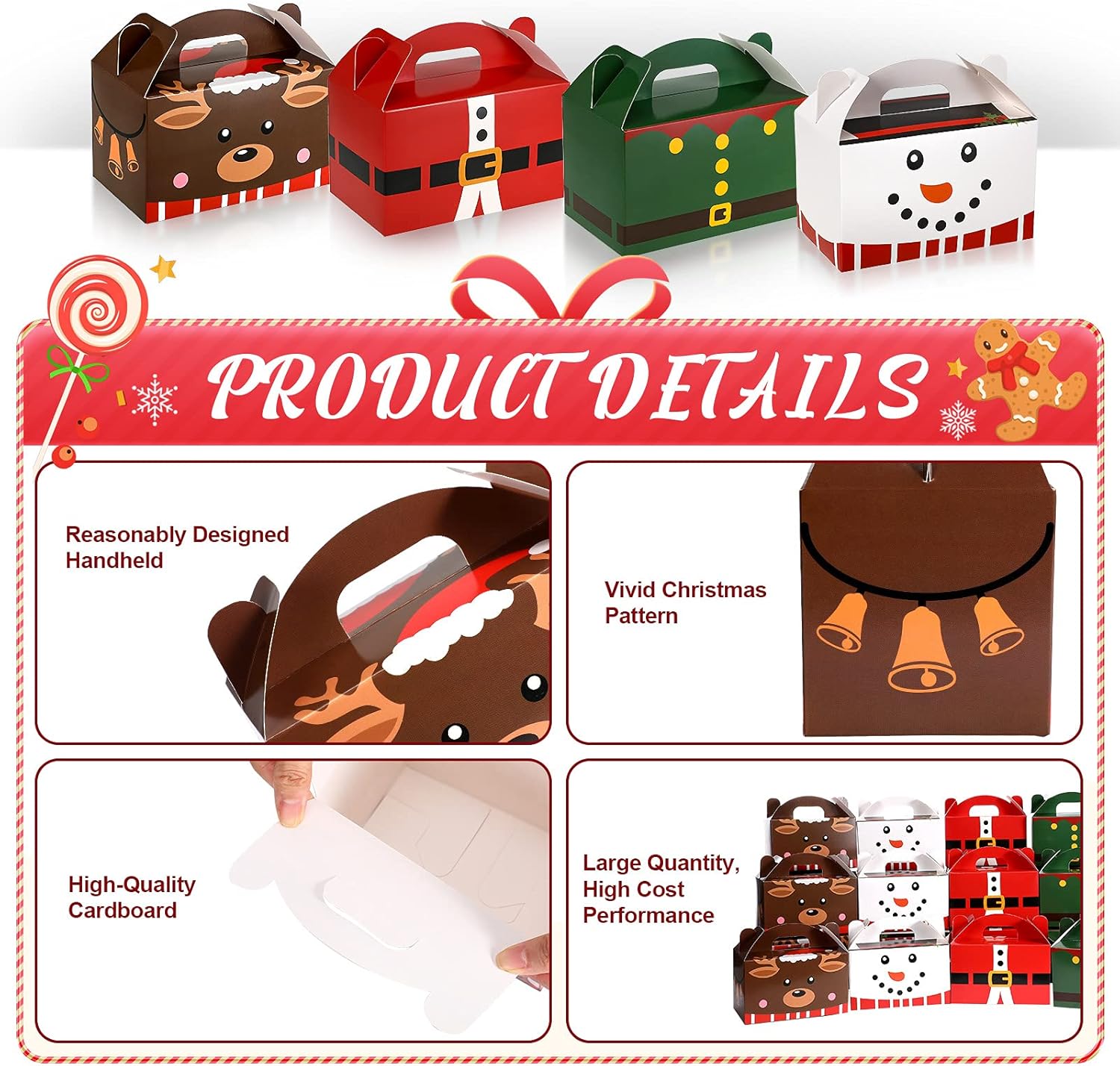 Clabby 24 Pcs Christmas Treat Boxes with Handles 3D Christmas Cookie Gift Boxes Cardboard Goodie Candy Bags Xmas Santa Elf Snowman Elk Gingerbread Holiday Party Favor Supplies, 4 Design(Cute Style) - Image 4