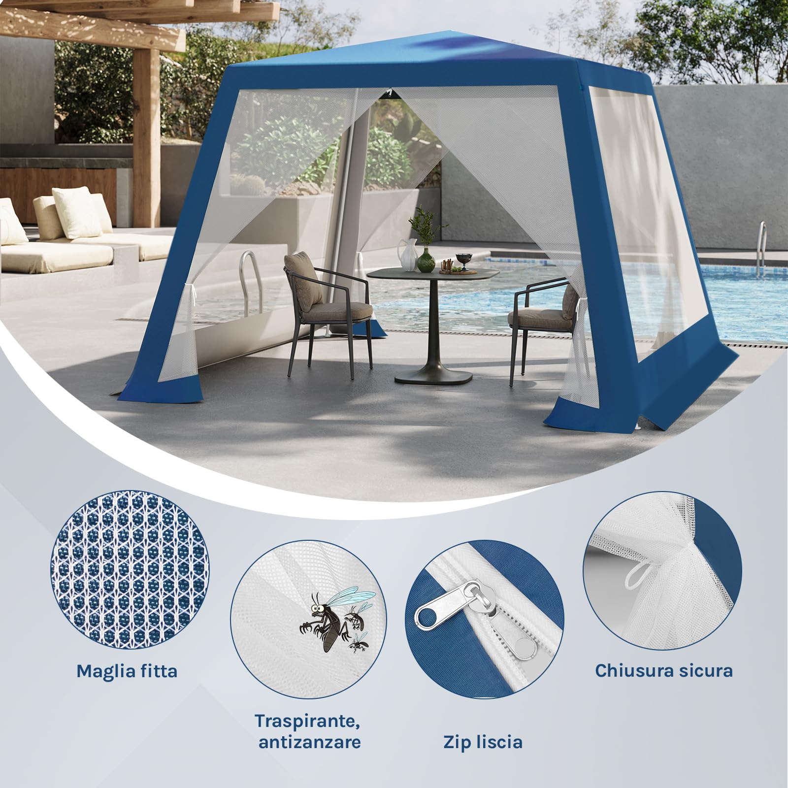 WOLTU Gazebo 3x3 Pieghevole Impermeabile, Pergolato da Giardino, Gazebo da Esterni, con Pareti Laterali a Zanzariera, per Campeggio, Feste, Blu