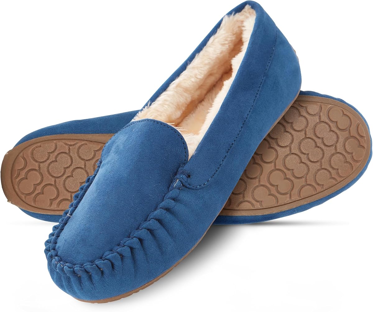 Zapatillas de mujer Mocasines, forro de piel sintética suave con espuma viscoelástica acogedora, zapatillas de casa para mujer con suela antideslizante para interiores y exteriores
