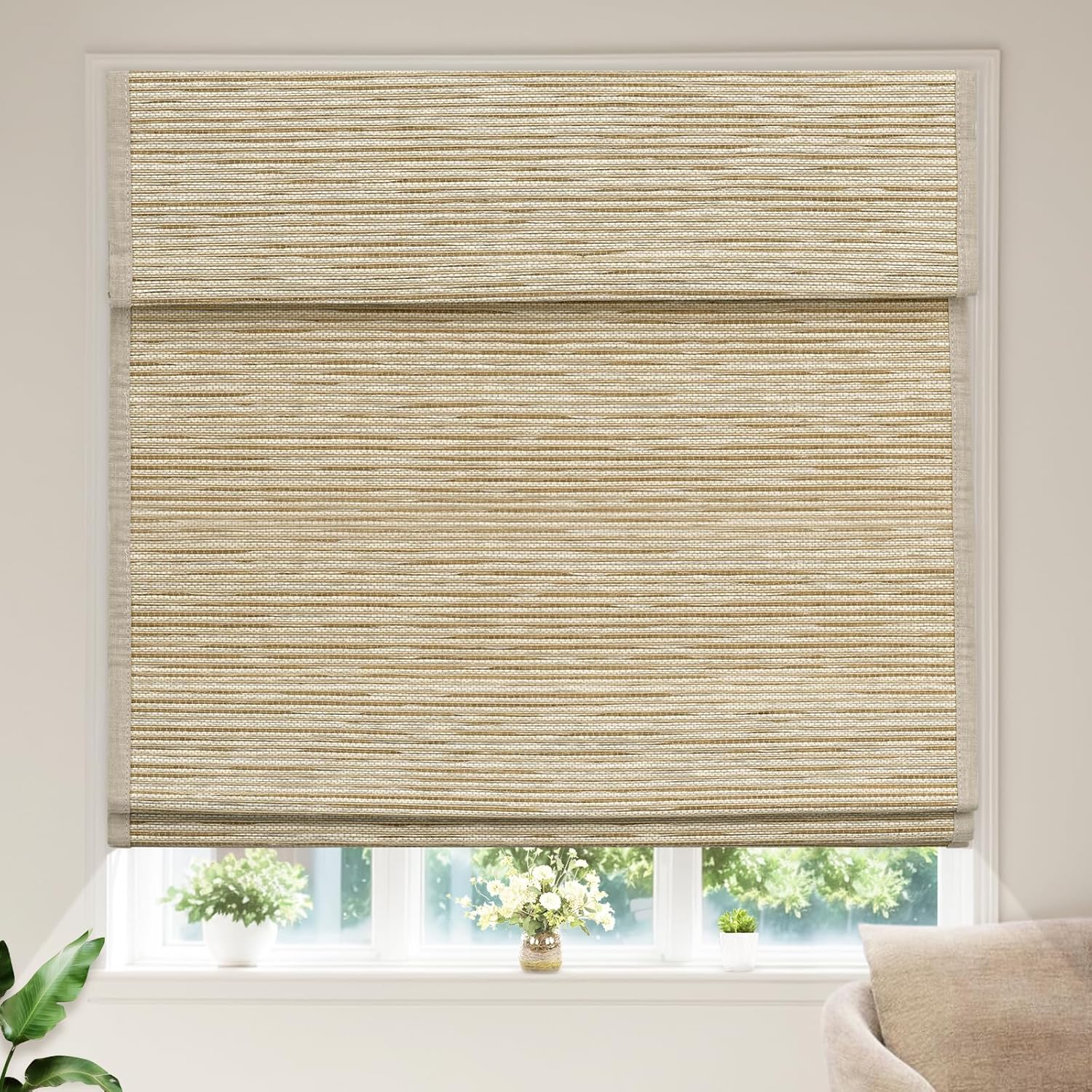 Custom Cordless Roman Shades for Window, Pure Linen Natural Hemp Grass Weaving Window Blinds, Privacy Roller Blinds for Windows Shades Easy to Install for Home Kitchen Door,Wheat