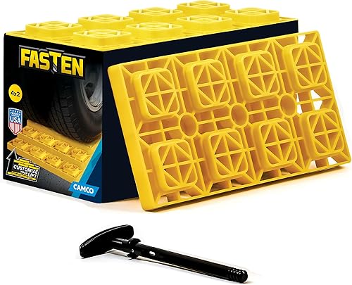 Miniatura 16 de Camco Bloques de nivelación Fasten RV – Cuenta con diseño entrelazado para una altura personalizable – Asa de transporte gira para asegurar bloques