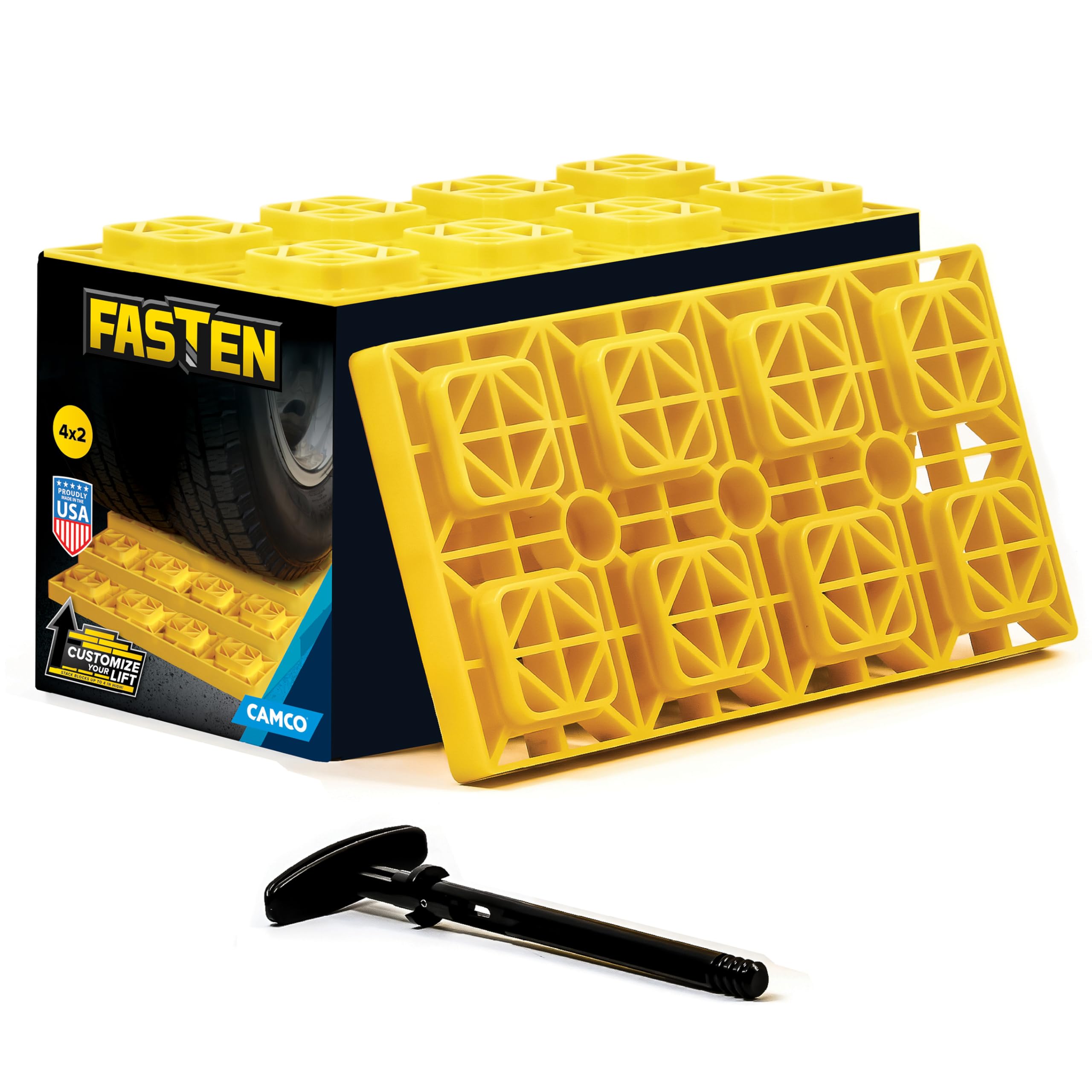 Camco Fasten RV Leveling Blocks - Features Interlocking Design for Customizable Height - Carrying Handle Twists to Secure Blocks for RV Storage - 17” x 8.5” x 1”, Yellow, 10-Pack (21023)
