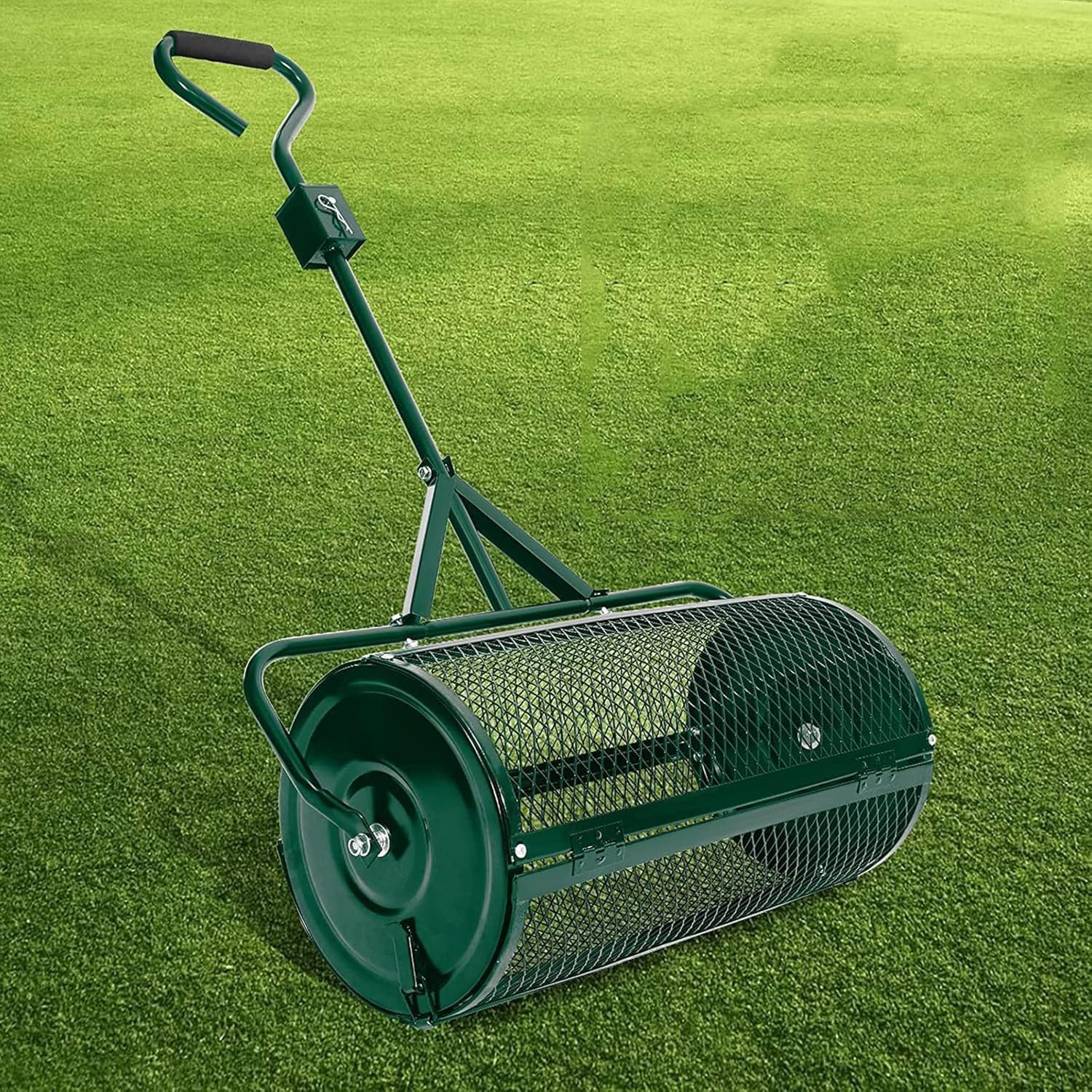 Compost Spreader for Lawn Garden, 24In Heavy Duty Metal Mesh Roller Push/Tow Spreader, Upgraded Handle Durable Lightweight for Planting, Seeding, Hinge Door to Open Easily