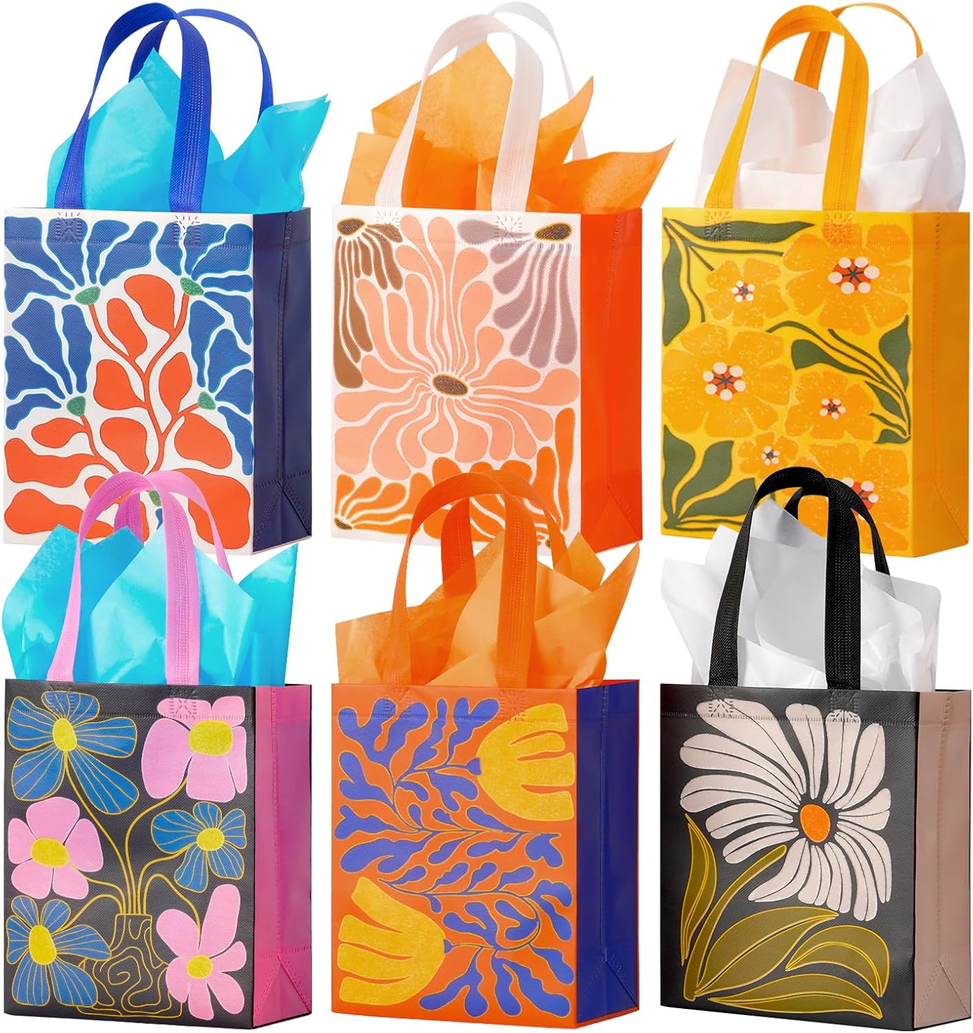 10" Floral Reusable Gift Bags Medium Size with Tissue Paper, 6 Pack Non-Woven Wrap Paper Gift Bags with Handles for Birthday, Mother’s Day, Bridal Showers, Wedding, Baby Shower to Kids Adults, 6 Assorted Designs
